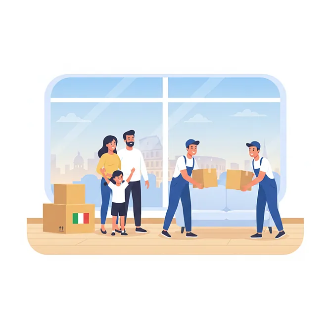 A family and two movers with boxes, an Italian flag on one of the boxes