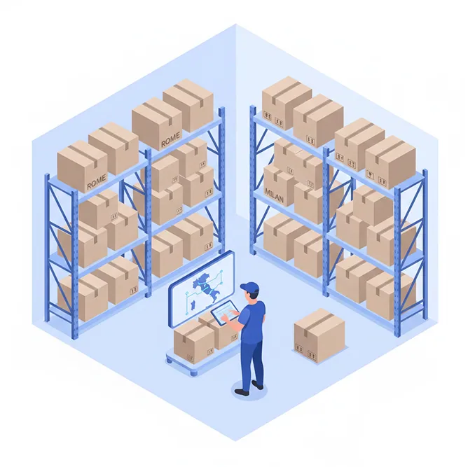 Warehouse with labelled moving boxes for Rome and Milan