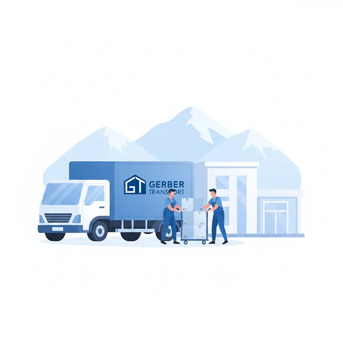 A Gerber Transport lorry in front of a house in the mountains