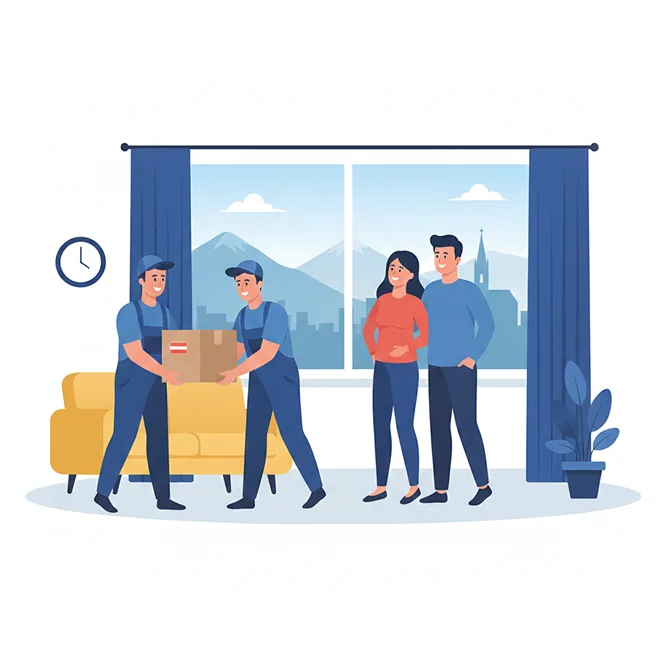Two movers carrying a sofa, Austrian mountains in the window