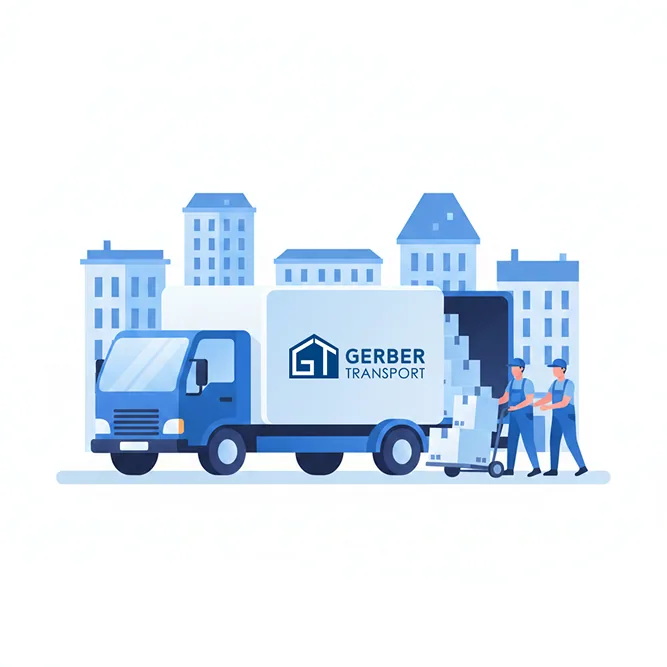 A Gerber Transport lorry being unloaded in front of an apartment building