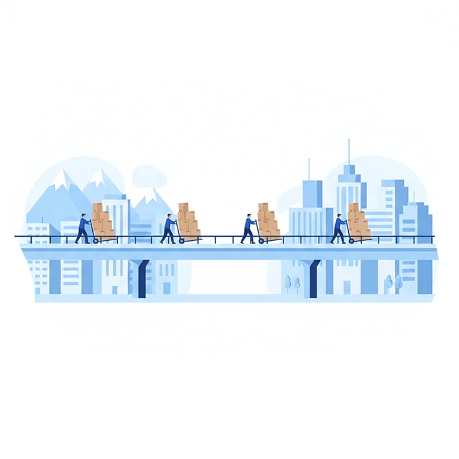 Movers pushing boxes across a bridge, mountains and a German city behind