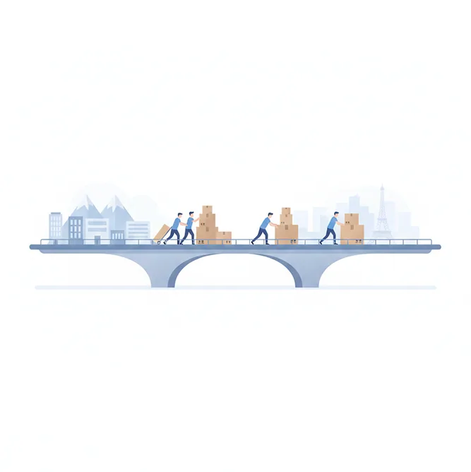 Movers carrying boxes across a bridge towards the Paris skyline